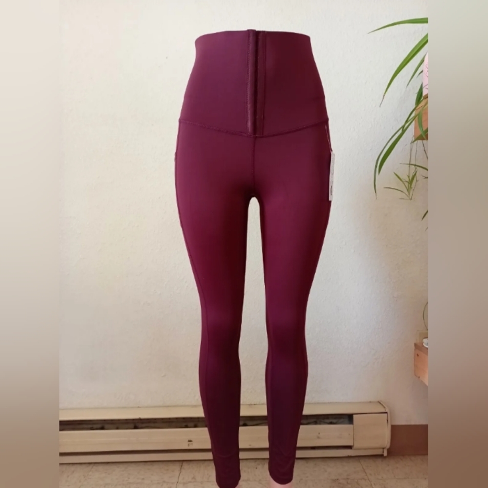Waist Trainer leggings, With Pockets,Yoga wear, gym wear,shaper, color burgundy
